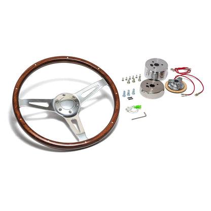 Vintage Silver Steering Wheel w/Full Wood Wrap