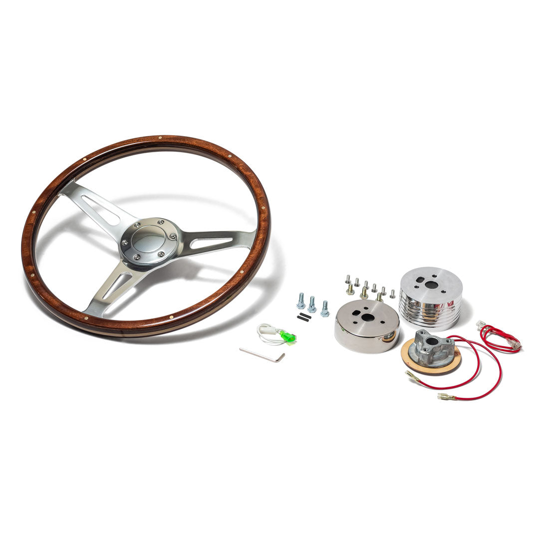 Vintage Silver Steering Wheel w/Full Wood Wrap