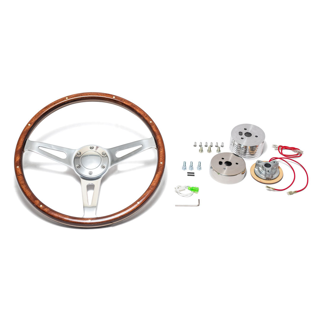 Vintage Silver Steering Wheel w/Full Wood Wrap