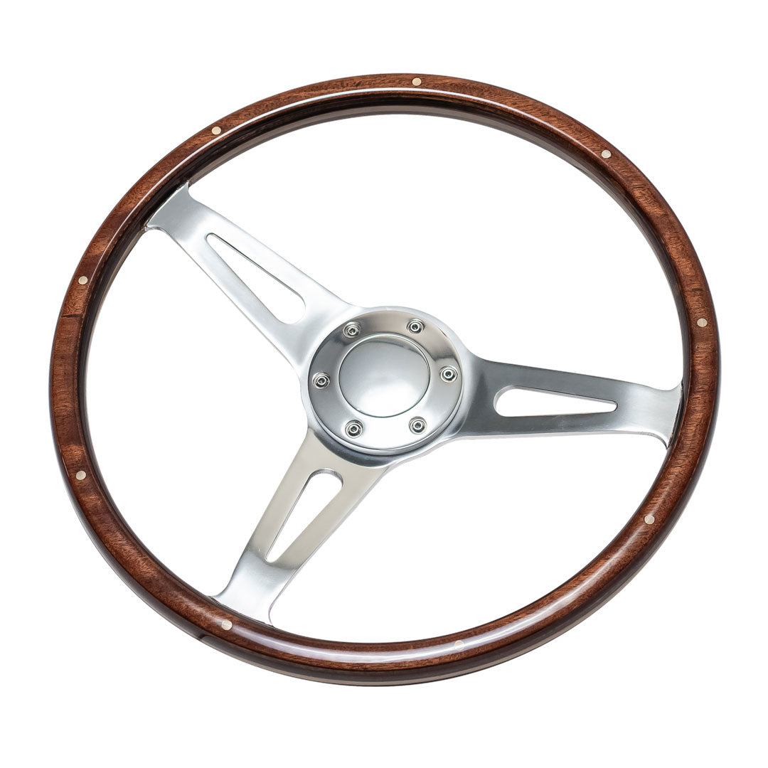 Vintage Silver Steering Wheel w/Full Wood Wrap