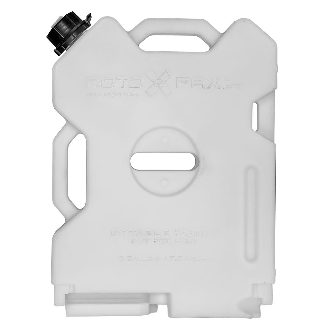 White 2-gallon water container with secure screw cap and molded handle
