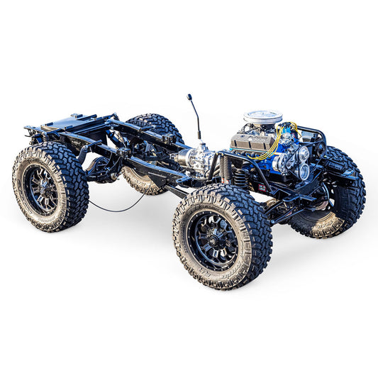 Bronco rolling chassis with boxed frame rails and crossmembers, front three-quarter view