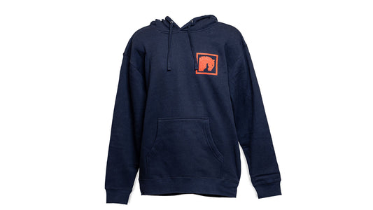 Dark gray hoodie with front pocket and embroidered logo, front view