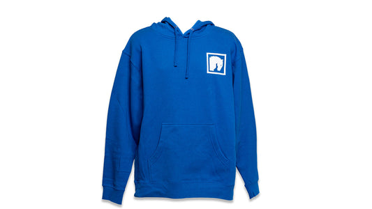Gray hoodie with front pocket and drawstring hood, side view