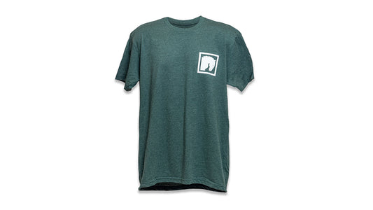 Black cotton t-shirt with 'Leading the Trail Since 76' graphic print, front view