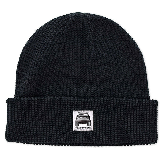 Black ribbed knit beanie with folded cuff, front view