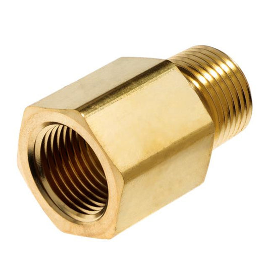 Bronze-colored metal valve fitting with threaded ends, front view