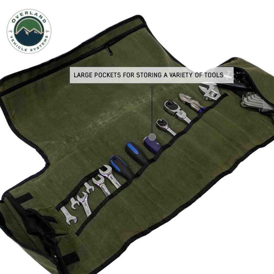 Tan canvas tool bag with rolled top and reinforced carry handles, front view