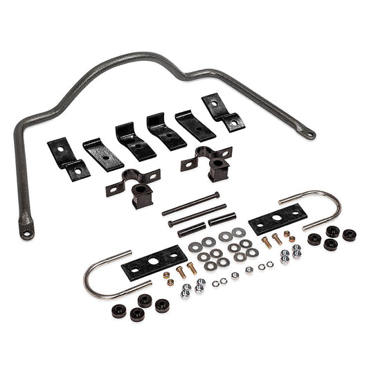 Black steel rear sway bar with mounting brackets, side view
