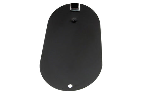 Silver metal inspection plate with mounting holes, side view