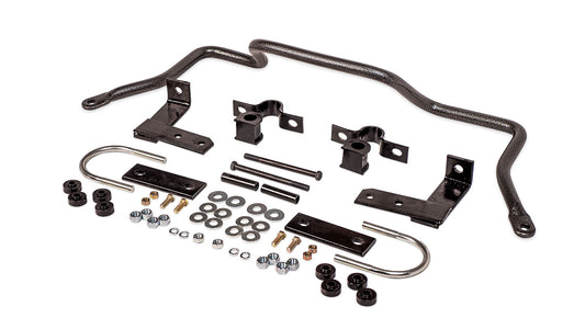 Black steel rear sway bar with mounting brackets, side view