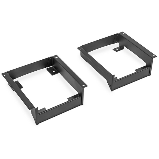 Gray metal front seat bases with mounting brackets for Ford Bronco, side view
