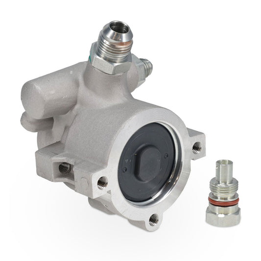 Silver aluminum power steering pump with pulley and mounting brackets, front view