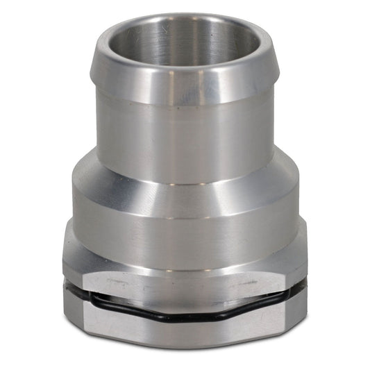 Black metal radiator hose adapter with threaded fittings, side view