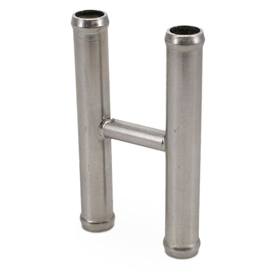 Black metal H-pipe heater hose fitting with threaded connectors, front view