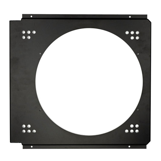 Black metal radiator fan shroud with mounting holes, front view