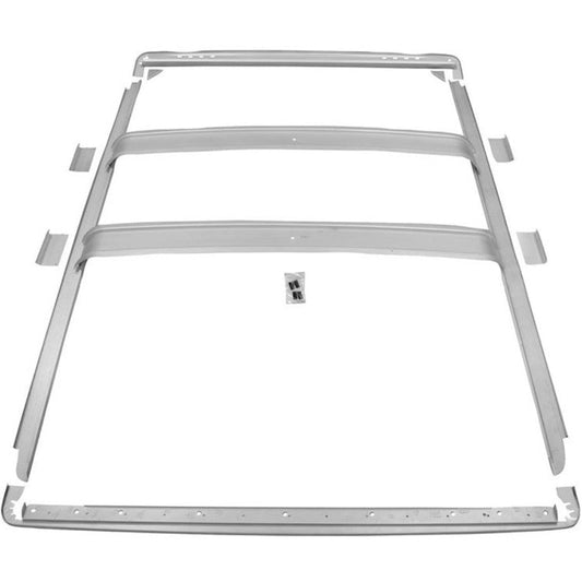 Bronco hardtop roof brace with drip rail, black steel construction, side view