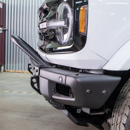 Black steel bull bar with mounting brackets for Ford Bronco, front view