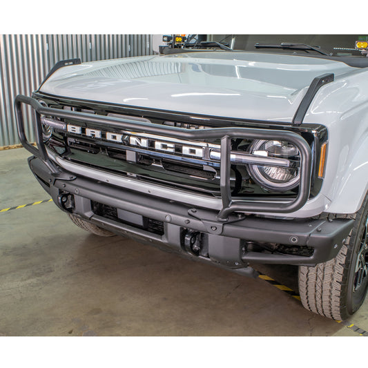 Black steel grille guard with horizontal bars and mounting brackets, front view