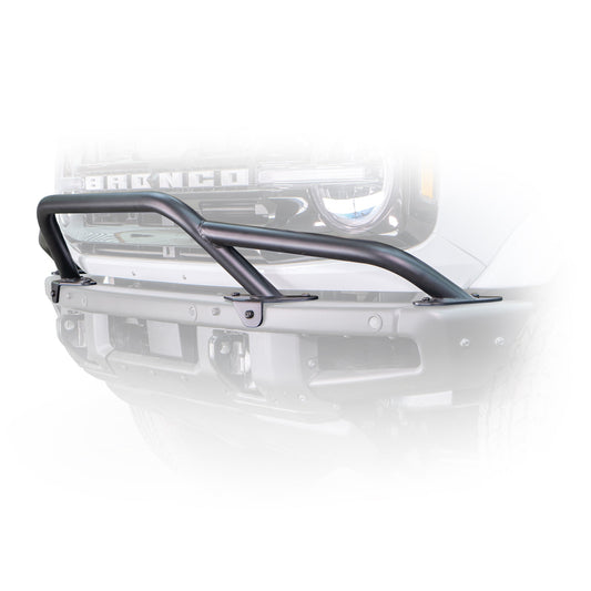 Black steel bull bar with vertical light mounts and recovery points, front view