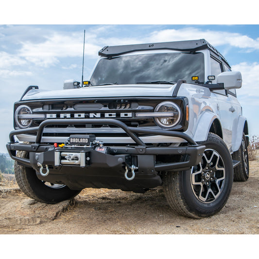 Black steel winch plate with mounting holes for Ford Bronco, front view