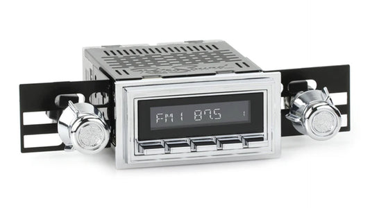 Vintage-style AM radio with chrome knobs and black faceplate, designed for classic Ford trucks