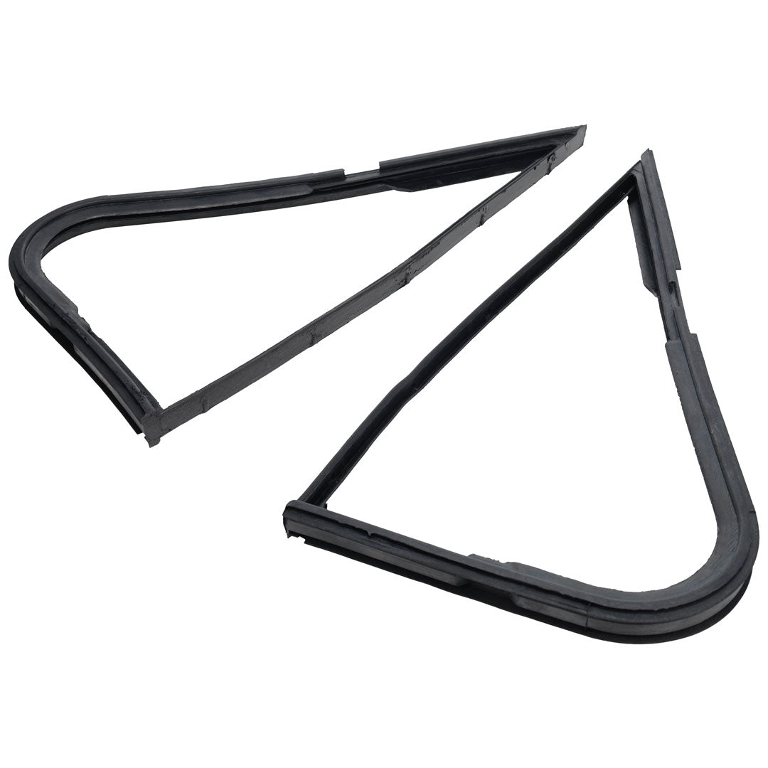 Rubber vent window seals for classic Ford truck, black with chrome trim, side view