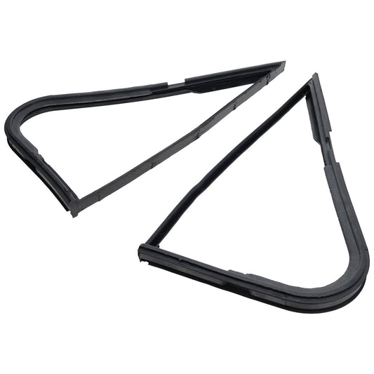Rubber vent window seals for classic Ford truck, black with chrome trim, side view