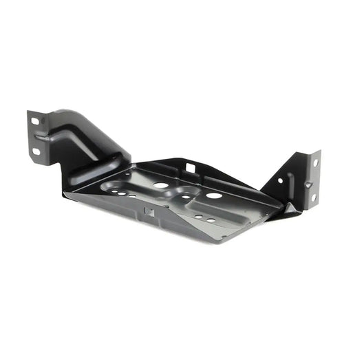 Black metal battery tray with mounting holes, side view