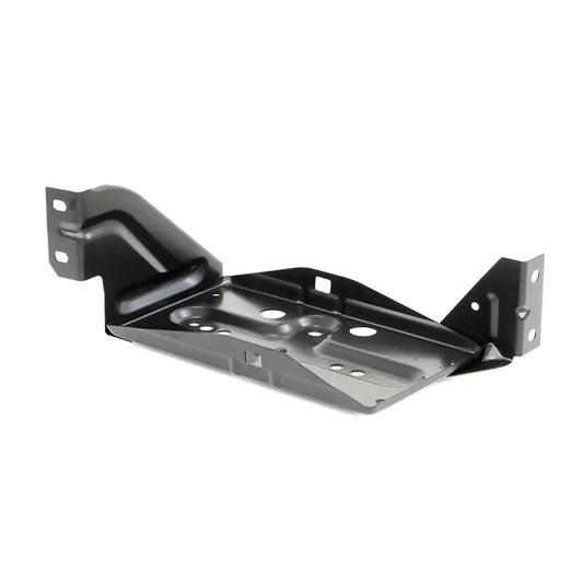 Black metal battery tray with mounting holes, side view