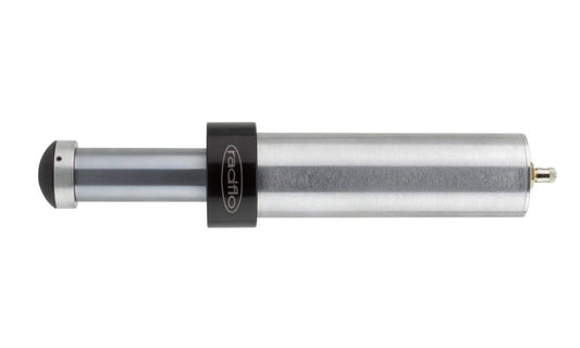 Black hydraulic bump stop with red anodized finish, side view