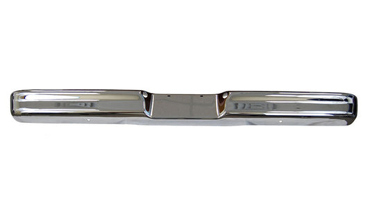 Chrome rear bumper for wide frame trucks, side view with mounting brackets