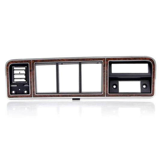 Chrome and woodgrain dash bezel with A/C vents for 1970s Ford trucks, front view