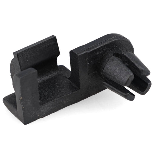 Metal tailgate latch clip with mounting holes, black finish, side view