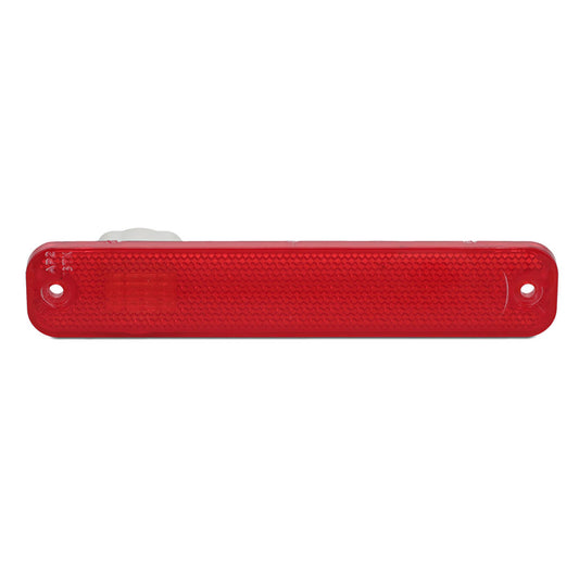 Red plastic side marker lens with mounting bucket for Ford trucks, close-up