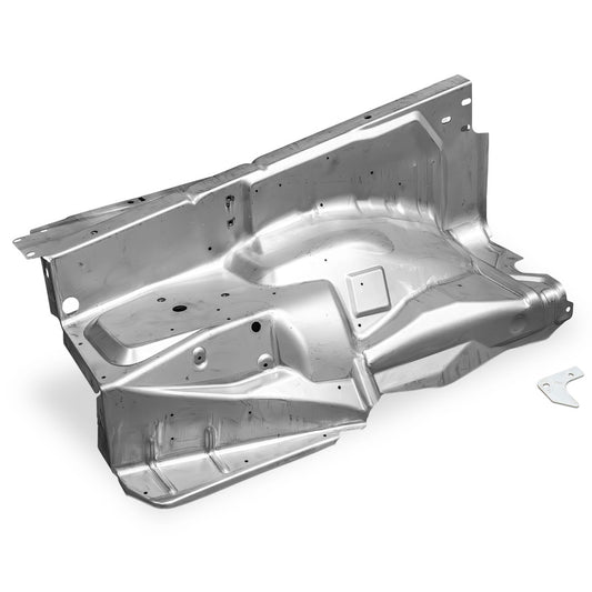 Black metal inner fender with mounting holes, passenger side view