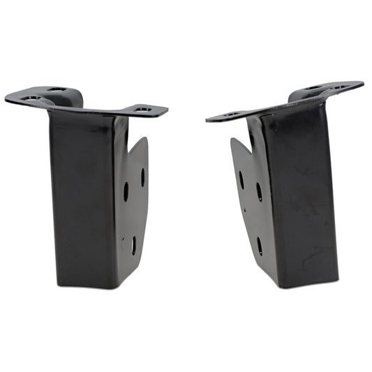 Pair of black steel fender mounting brackets with bolt holes, side view