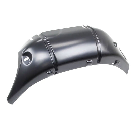 Silver metal truck wheel well with bolt holes, side view