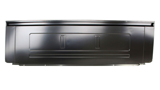 Black steel truck bed panel with bolt holes and rolled edge, front view