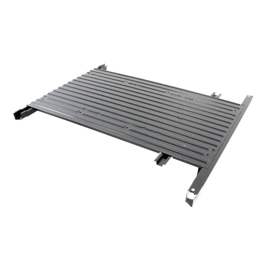 Black steel truck bed assembly with ribbed floor and side panels, front three-quarter view