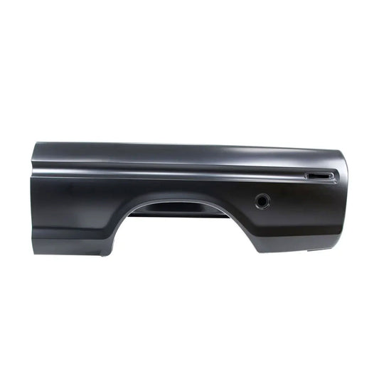 Driver side truck bedside panel with round fuel hole, short bed style, angled view