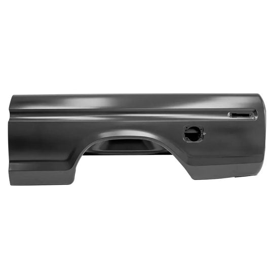 Driver bedside assembly with square fuel hole for short bed Ford truck, side view