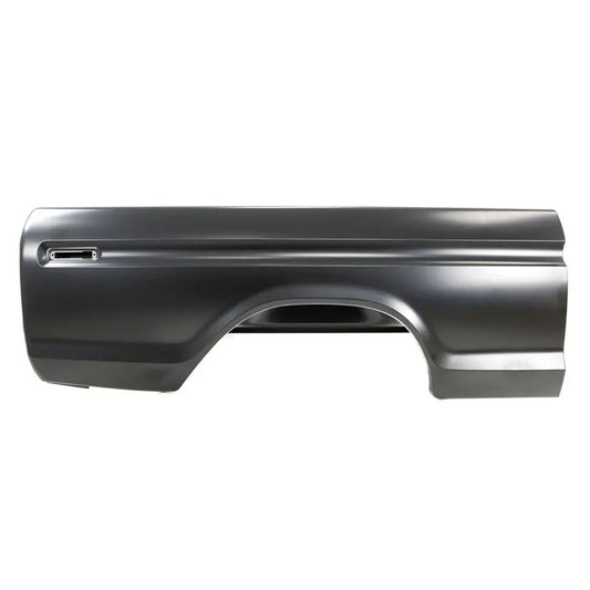 Black metal truck bedside panel with mounting holes, no fuel door, short bed version, side view