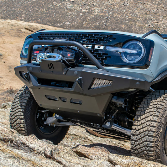 Steel front bumper with tow hooks and LED light cutouts for Ford Bronco, front view