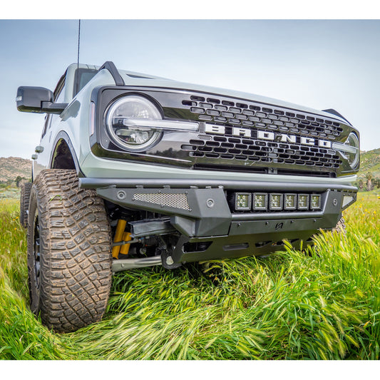 Black steel front bumper with skid plate for Ford Bronco, three-quarter view