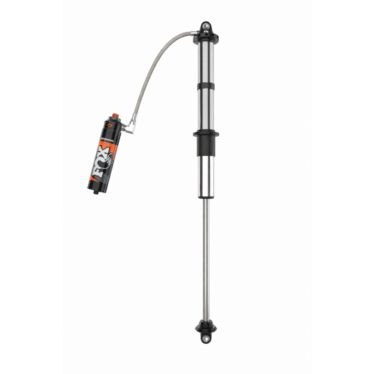 Black coil-over shock with adjustable spring and mounting hardware, side view
