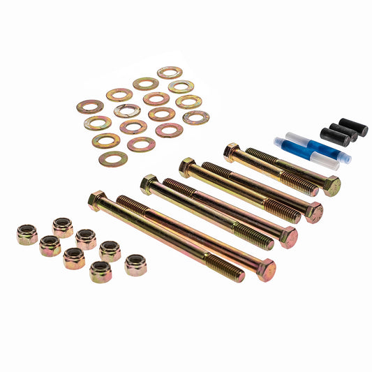 Silver metal hardware kit with bolts and spacers for vehicle lift, front view