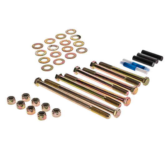 Silver metal hardware kit with bolts and spacers for vehicle lift, top view