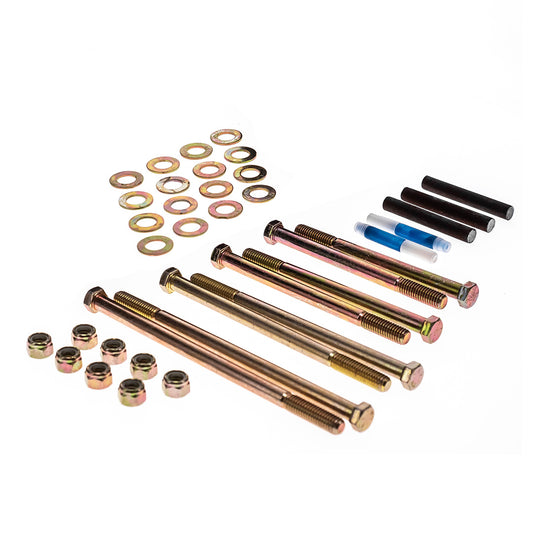 Silver metal hardware kit with bolts and brackets for vehicle lift, close-up view