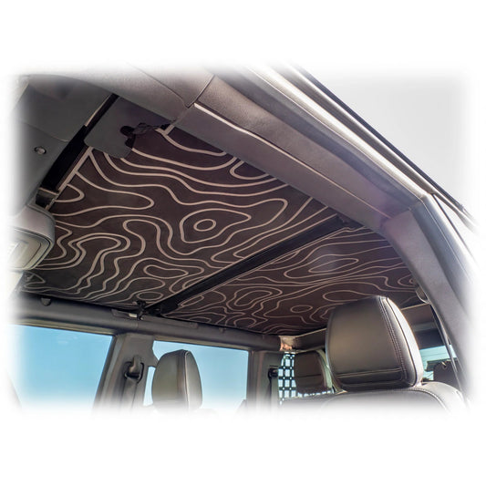 Black foam headliner for Ford Bronco hard top with contoured edges, interior view